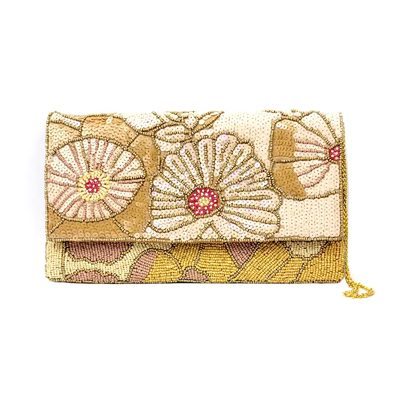 Clutch Flores Beige y Doradas